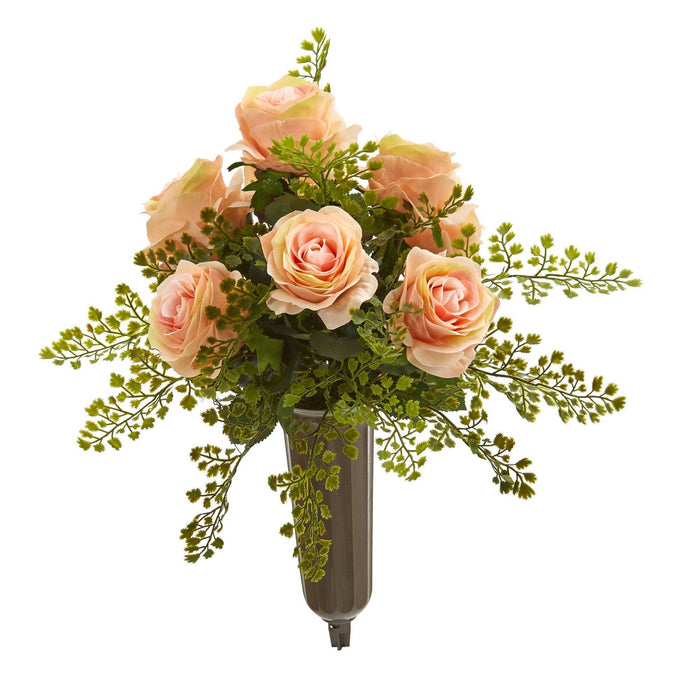 15” Rose and Greens Graveside Memorial Arrangement in Vase