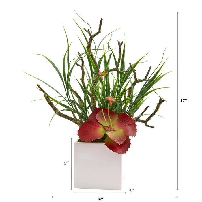 17” Succulent and Grass Artificial Plant in White Planter