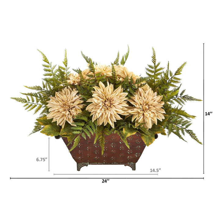 24” Dahlia and Fern Artificial Arrangement in Metal Planter