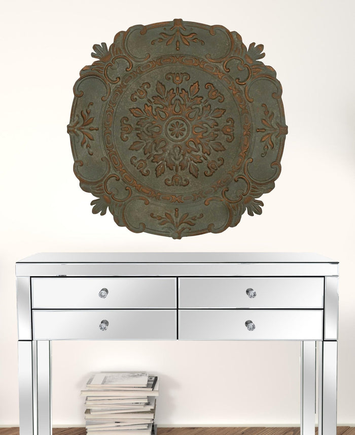 30.5" Distressed Green European Medallion Metal Wall Decor