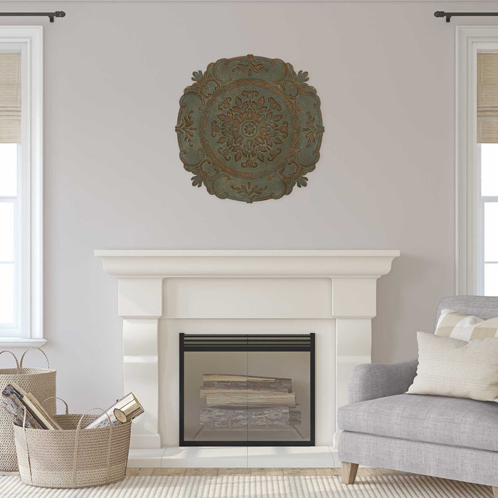 30.5" Distressed Green European Medallion Metal Wall Decor