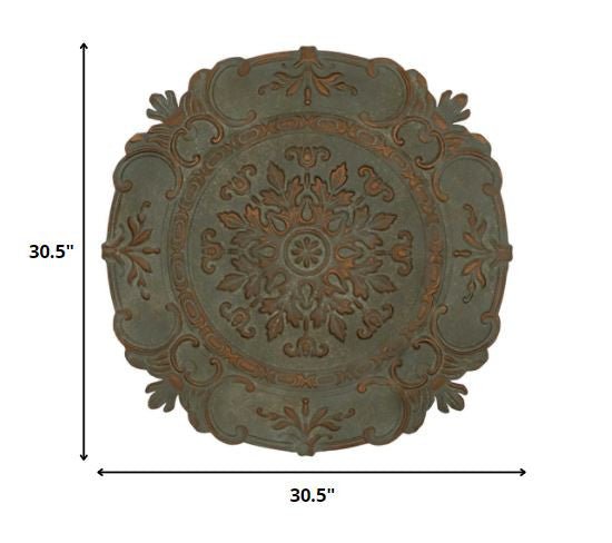 30.5" Distressed Green European Medallion Metal Wall Decor