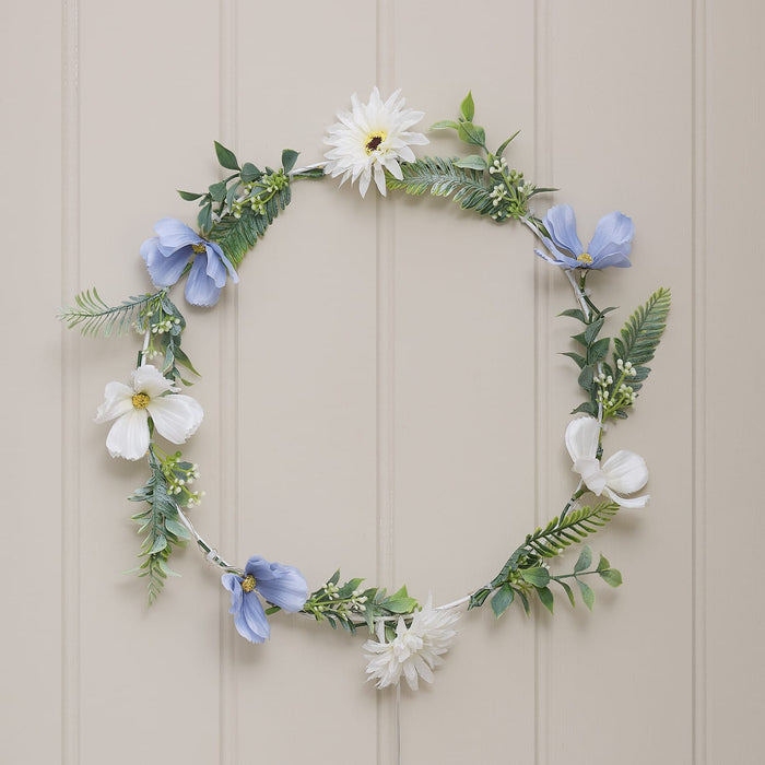 30cm Pre Lit Blue Bloom Outdoor Wreath