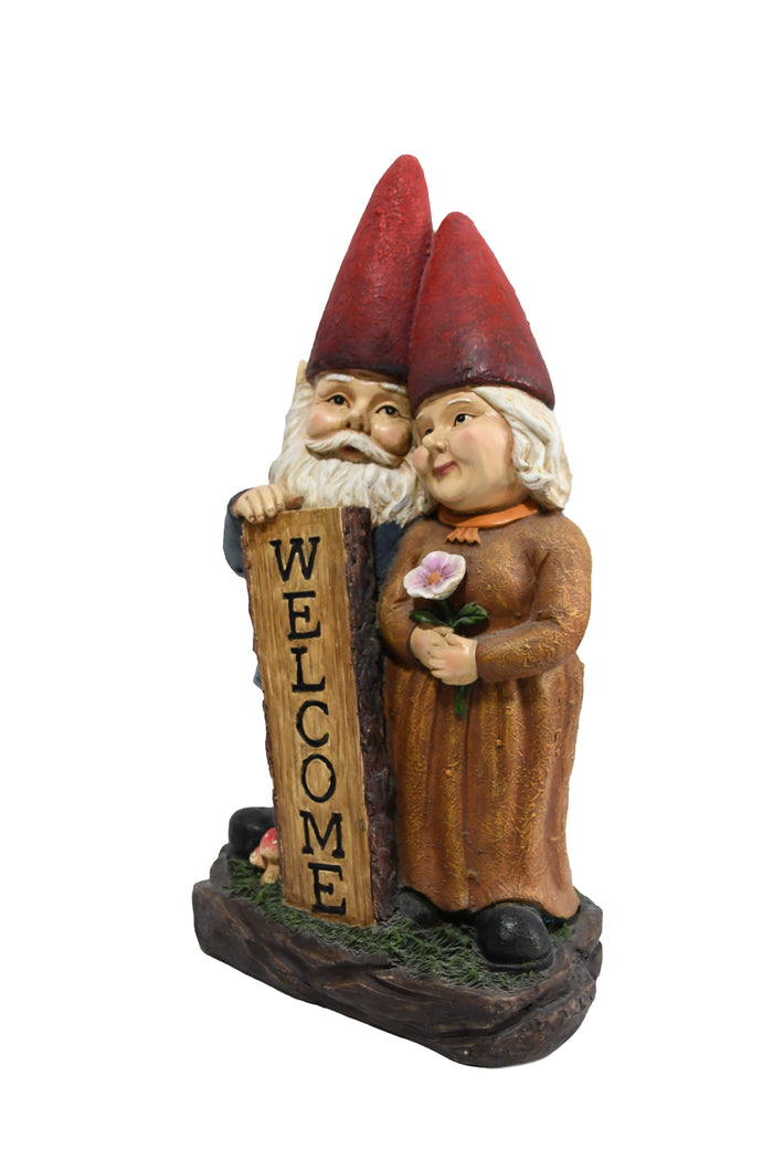 75575-B - Robert & Sofia Standing Gnome Couple with Welcome Sign Hi-Line Gift Ltd.