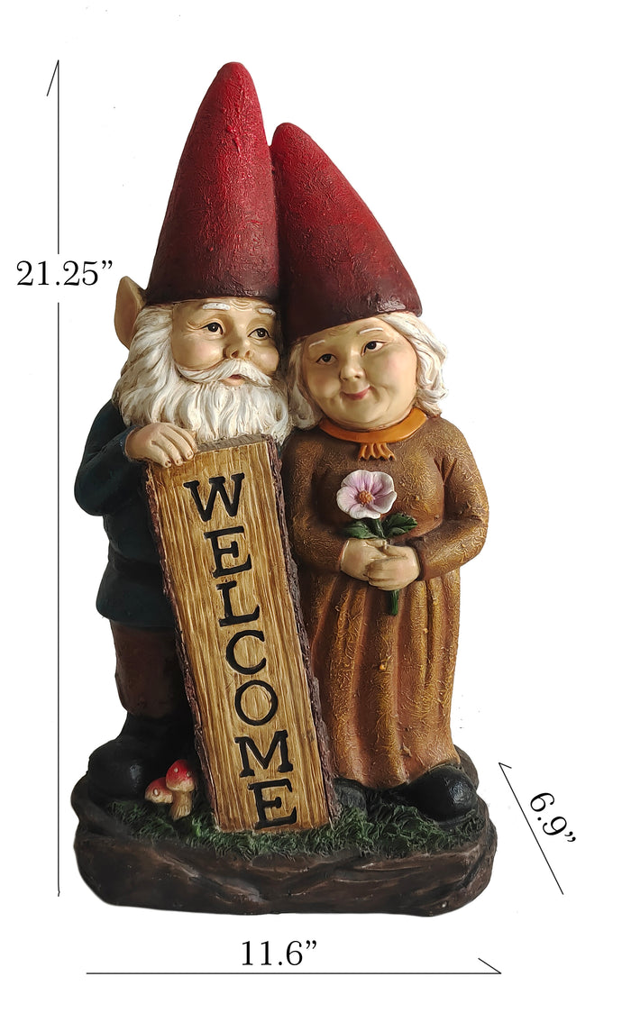 75575-B - Robert & Sofia Standing Gnome Couple with Welcome Sign Hi-Line Gift Ltd.