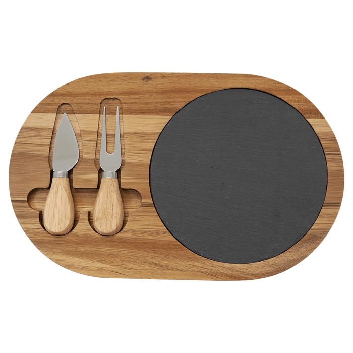 Acacia Wood/Slate Oval Cheese Set with Two Tools
