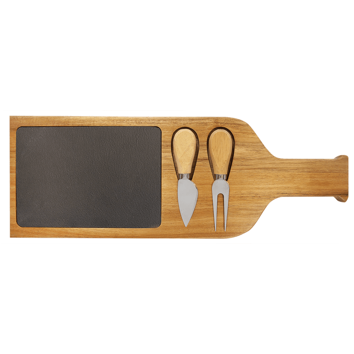 17.5" x 6" Acacia Wood/Slate Serving Board with Two Tools