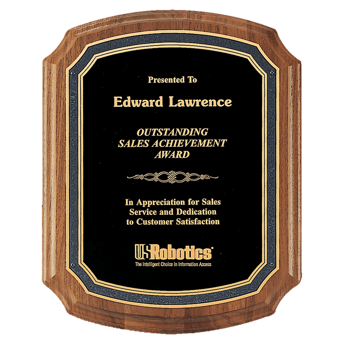 American Walnut Plaque w/Gold Border Textured Black Plate
