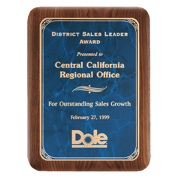American Walnut Plaque w/Gold Border Sapphire Marble Plate