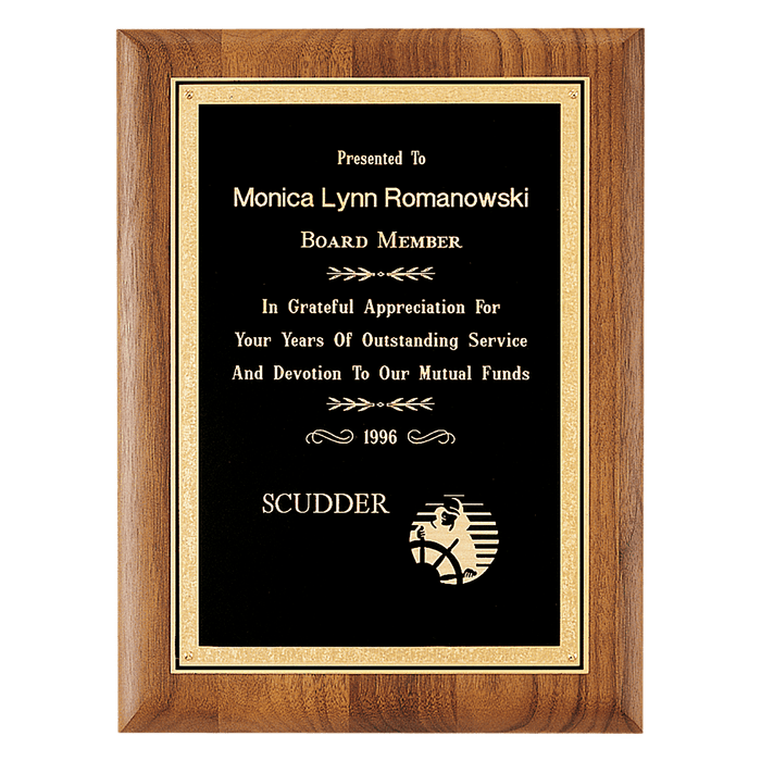 American Walnut Plaque w/Gold Border Textured Black Plate