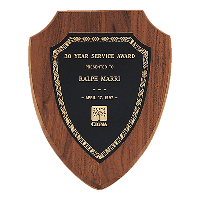 Black Gold Border Plate on American Walnut Shield Plaque