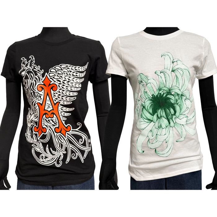 Two t-shirts with unique designs on a white background