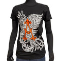 Black t-shirt with a decorative 'A' design on a white background