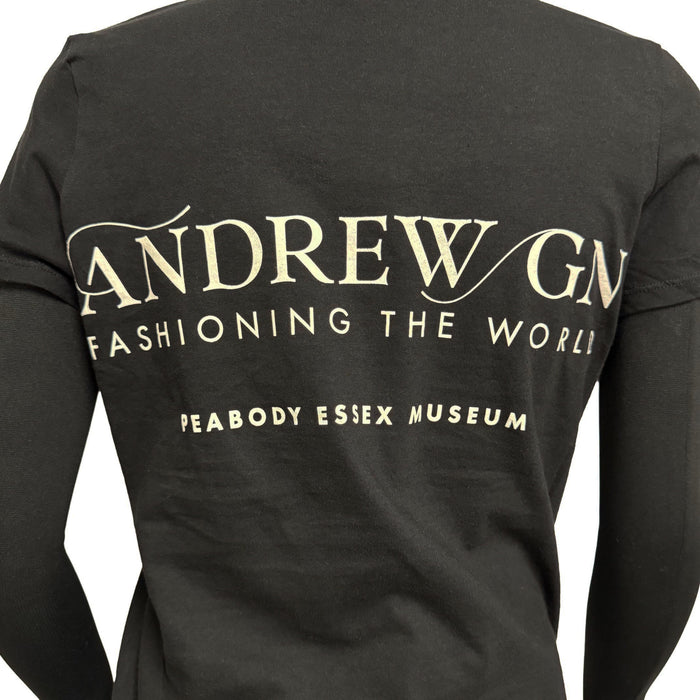 Black shirt with white text 'ANDREW G' and 'Peabody Essex Museum' on a white background