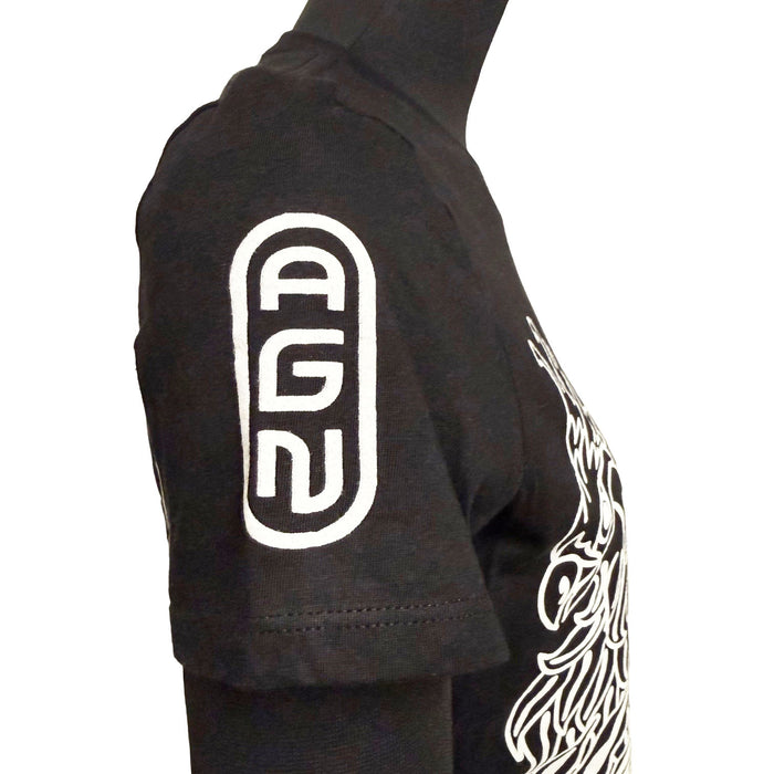 Black tee with white logo on sleeve against a white background