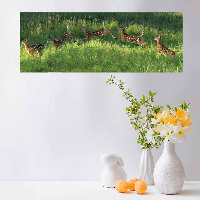 24 inch Poconos Fawn Jumping Panoramic Decal Installed Above Vases