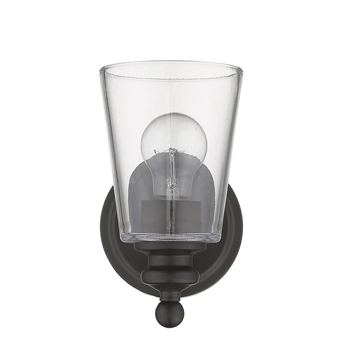Front view of the Antique Bronze One-Light Wall Sconce with clear glass shade and curved swing arm