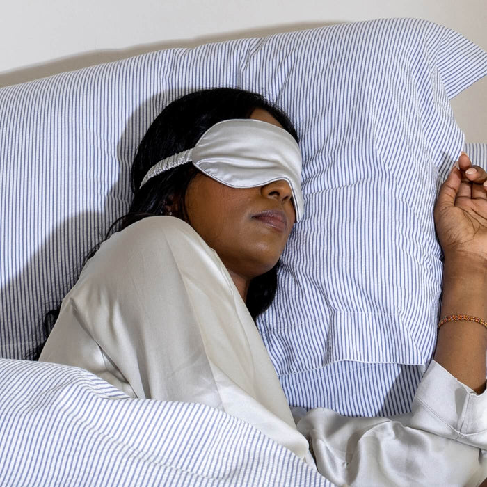 Antique Silver Pure Mulberry Silk Eye Mask styled in a bedroom 2 | Soak and Sleep