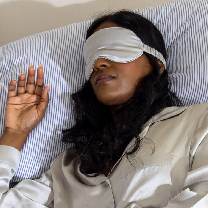 Antique Silver Pure Mulberry Silk Eye Mask bedroom detail | Soak and Sleep