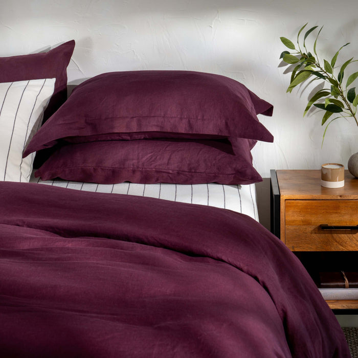 Aubergine French Linen Bedding And Bed Sheets - breathable, styled in a bedroom | Soak and Sleep