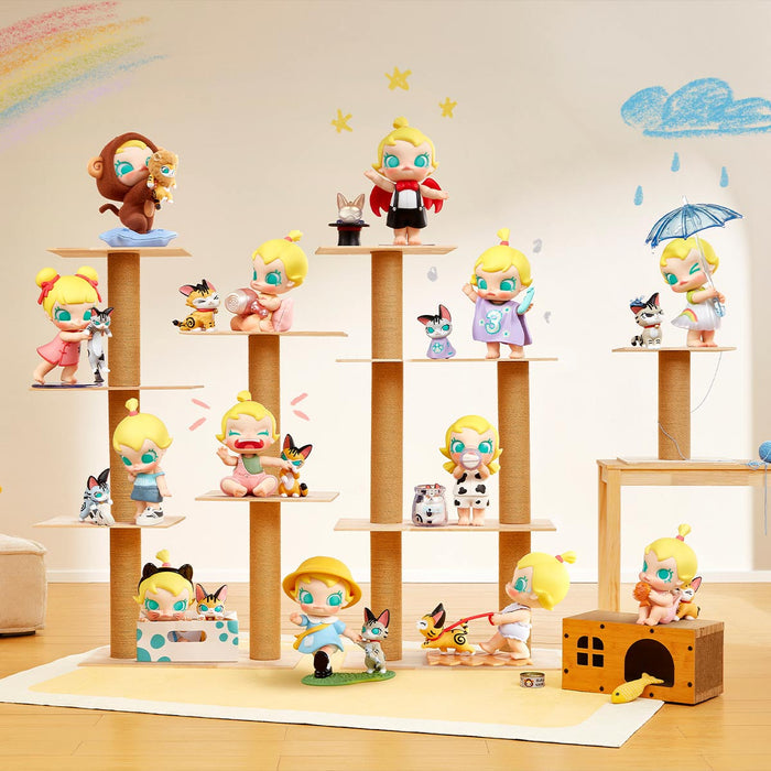 Baby Molly & Baby Tabby Series Figures displayed on a multi-tiered cat tree, featuring 12 collectible toddler figurines with tiny cartoon cats in whimsical scenarios.