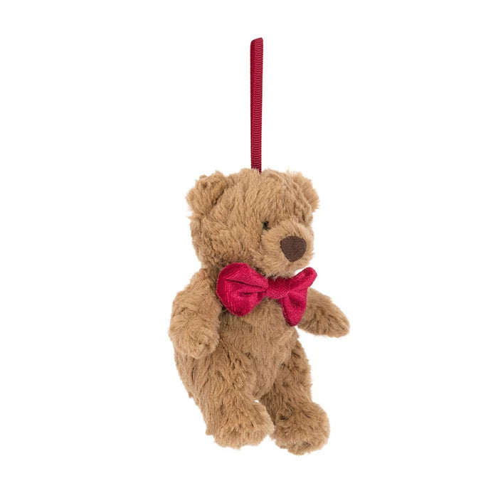 Plush teddy bear ornament with a red bow tie on a white background