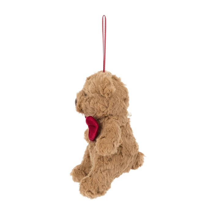 Plush teddy bear ornament with a red bow tie on a white background