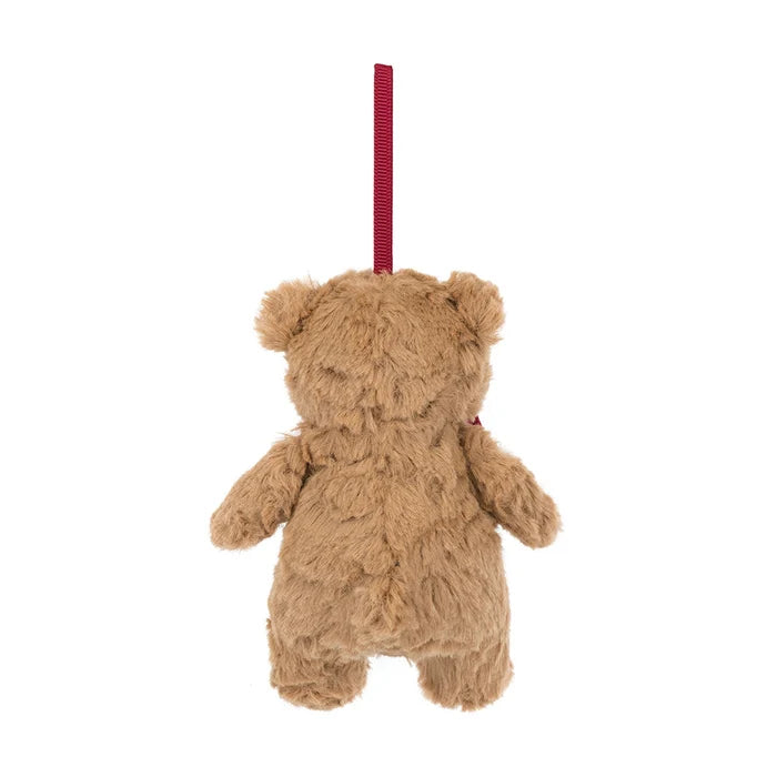 Plush teddy bear ornament with a red bow tie on a white background