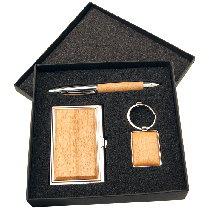 6.5"  x 6.5" - Beechwood Pen,Holder and Keychain with Silver