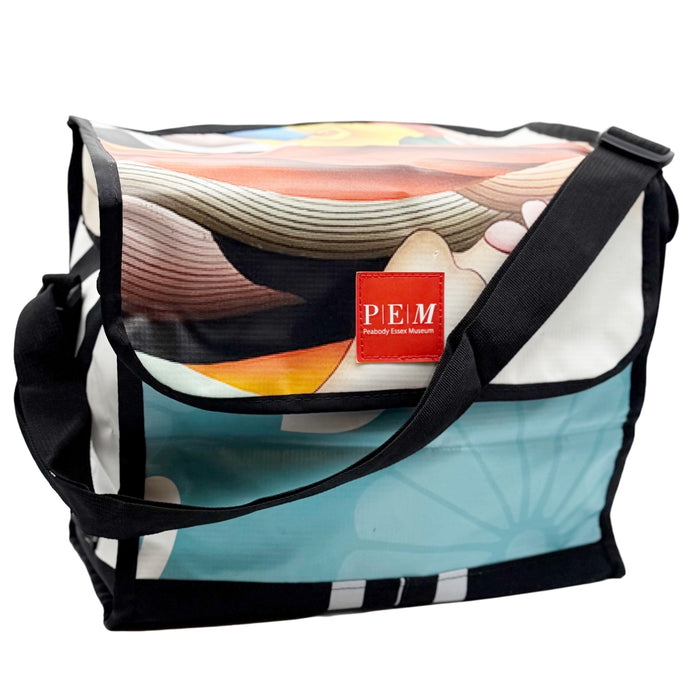 Multicolored bag with a visible brand label on a white background
