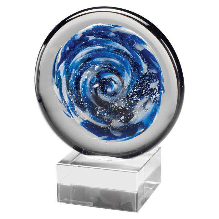 Blue and White Disc Art Glass on Base - AGAR103