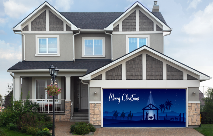 Blue Christmas Nativity Scene Merry Christmas Garage Door Cover Banner Backdrop