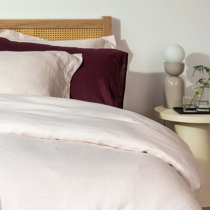 Blush Pink French Linen Bed Sets in a styled bedroom 4 | Soak and Sleep