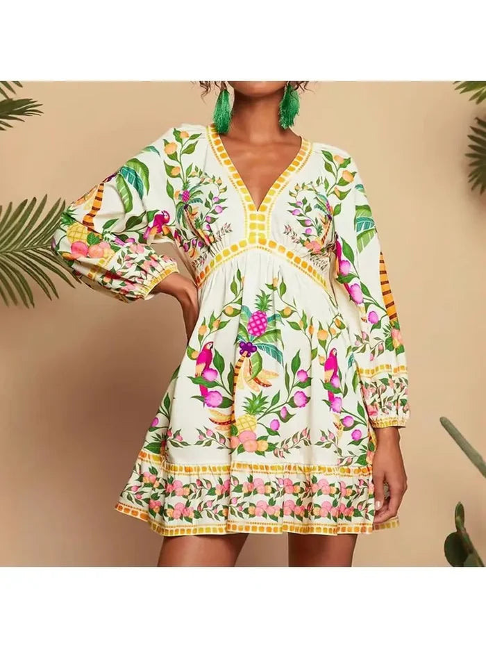 Bohemian V-Neck Three-Quarter Sleeve Mini Dress