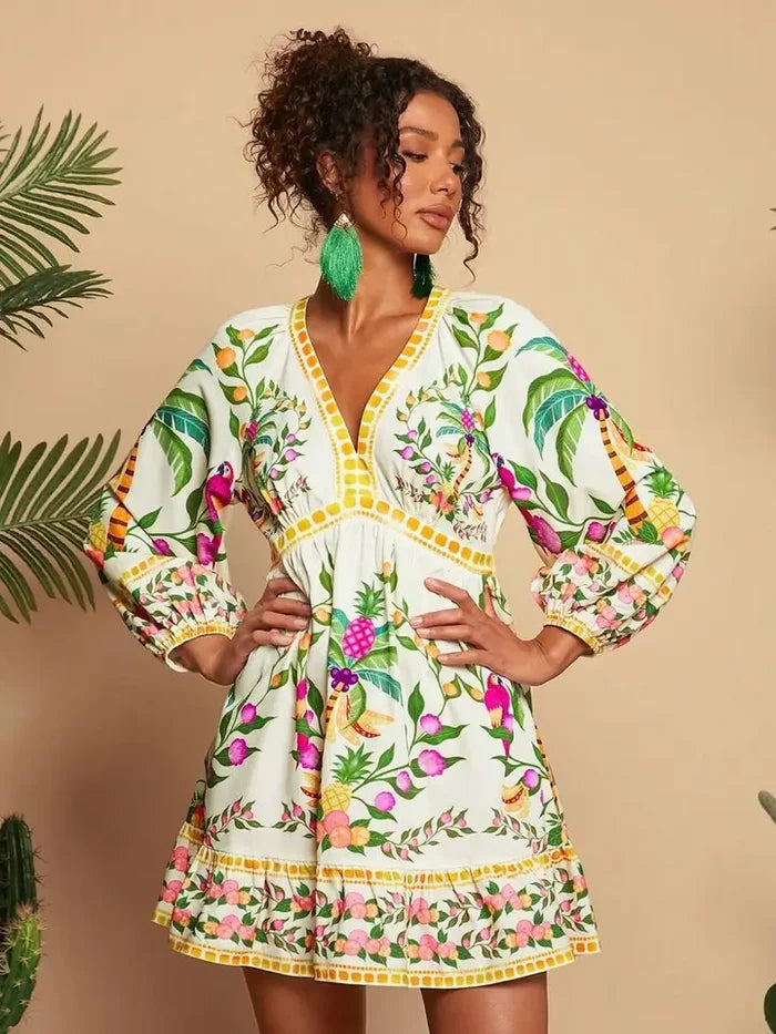Bohemian V-Neck Three-Quarter Sleeve Mini Dress