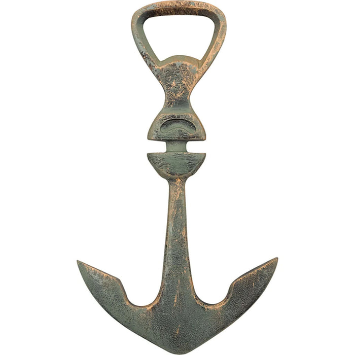 A metal bottle opener with an anchor design.
