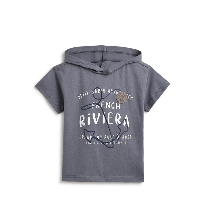 Boys Grey Printed Hooded T-shirt