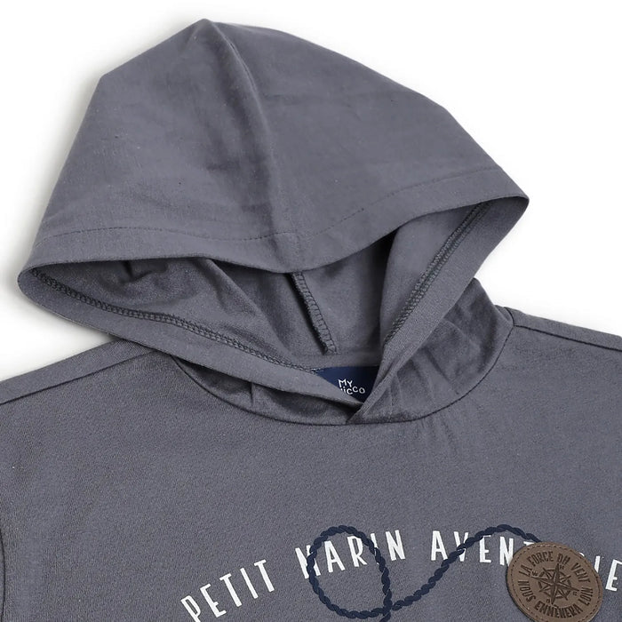 Boys Grey Printed Hooded T-shirt