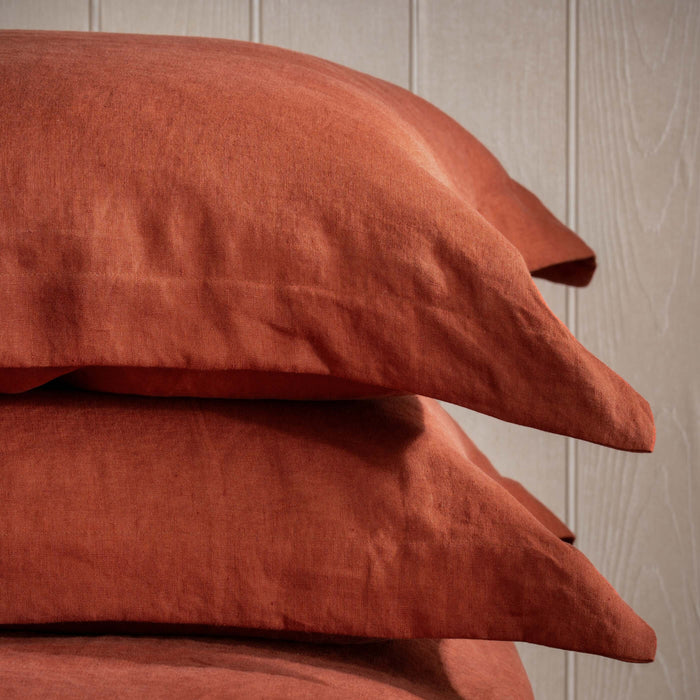 Burnt Orange French Linen Bed Sets - breathable, natural, bedroom detail | Soak and Sleep