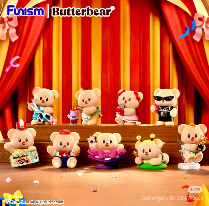 Butter Bear Top Team Series Blind Box: ten themed collectible bears on stage, each in unique costumes with props, promoting preorder availability at Strangecat Toys.