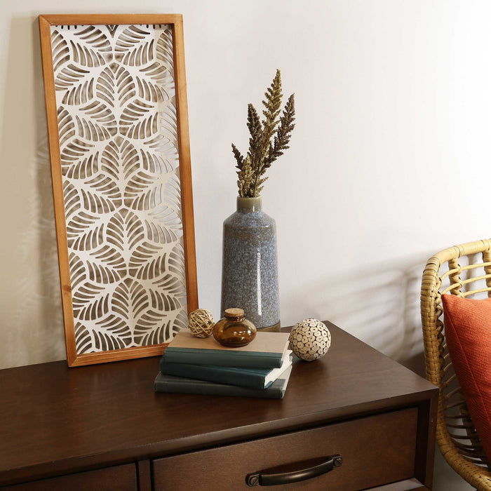 Carved Leaf Wood Framed Wall Panel | 10"x24.5"