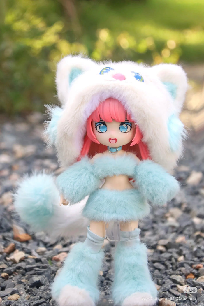 Anime-inspired doll in a pastel-blue cat outfit from Cat Island-Black Cat Or Candy Cat Series, available for preorder, posed outdoors on gravel.