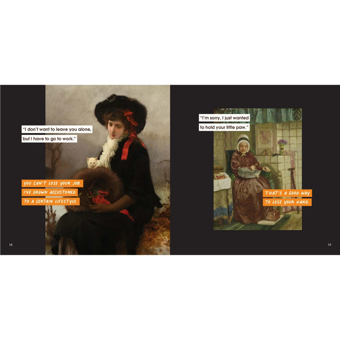 Two classical paintings with added text overlays on a black background