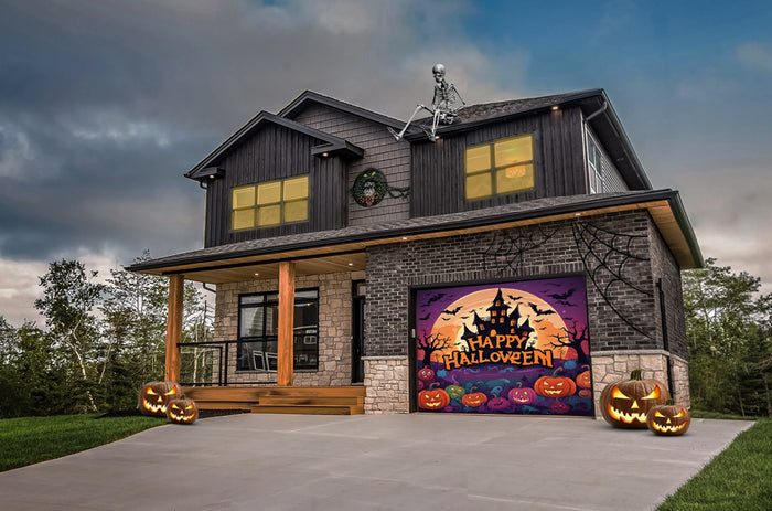 Cheerful Halloween Pumpkins in Spooky Bats Garage Door Cover Banner Wrap - Decor Your Door