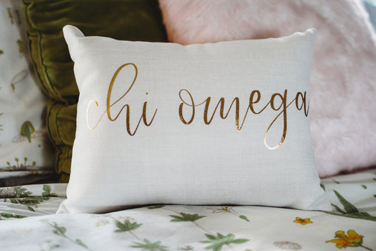 Chi O Ivory Pillow with Gold Script