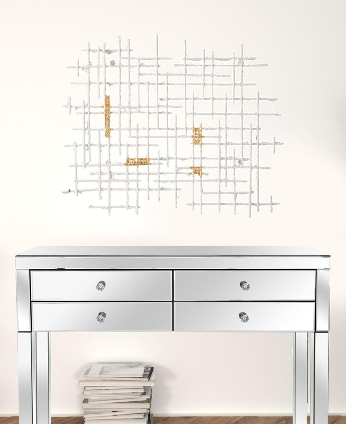 Contemporary Large White and Gold Geo Grid Wall Art | 26"x32"