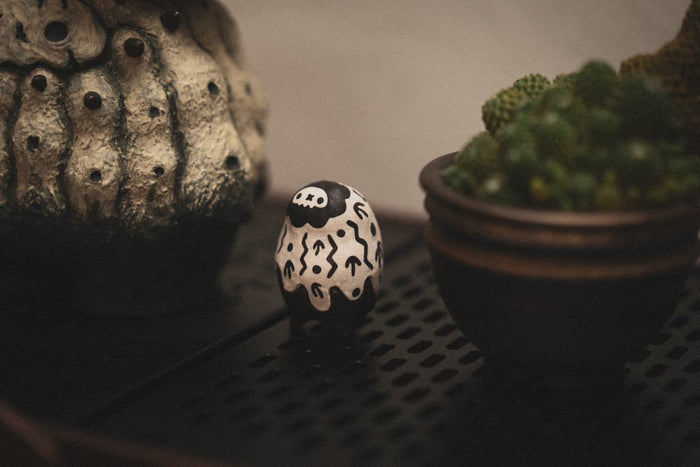 Copiapoa Mudball Blind Box Series by Robin Huang features intricate miniature skull-themed vases, highlighting unique plant designs in a collectible set.