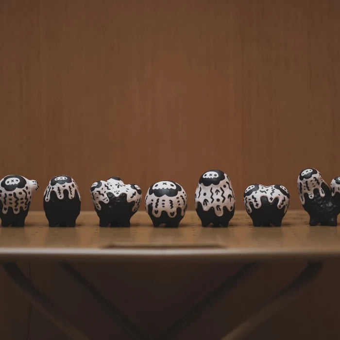 Copiapoa Mudball Blind Box Series by Robin Huang featuring detailed black and white cactus, heart, and cow designs. Part of a 7-piece collectible series.
