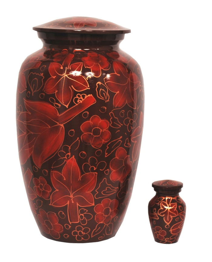 Crimson Floral Leaves Cremation Urn - ExquisiteUrns