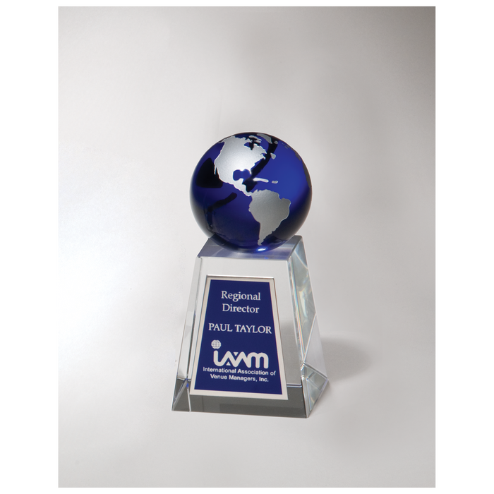 2.6" x 5.25" Crystal Award with Blue Globe (Crystal Only)